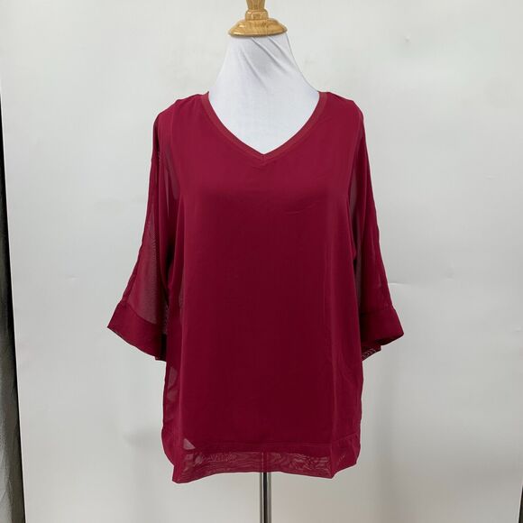 Chicos Blouse Womens 0 Wine Berry Layered V Neck Overlay Quarter Wide Sleeve - Picture 2 of 14